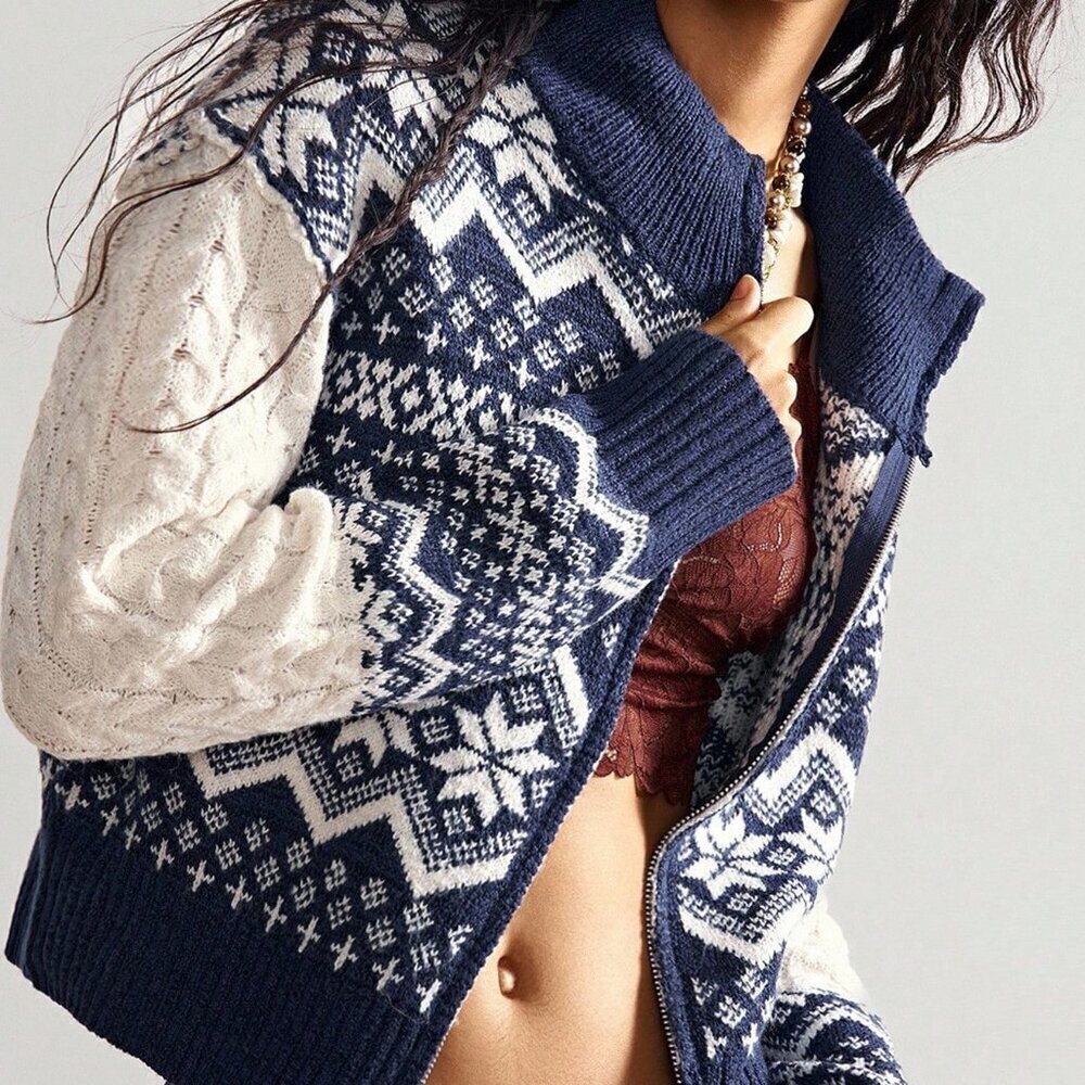 Womens Blue High Neck Zip up Fair Isle Print Chunky Cable Knit Cardigan